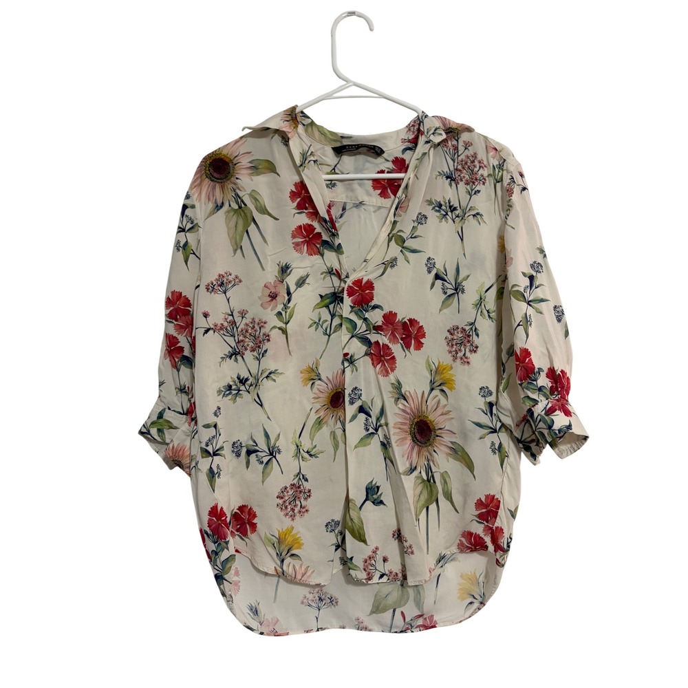 Zara Woman Blouse Floral Botanical Cream V-Neck 3/4 Sleeve Relaxed XS